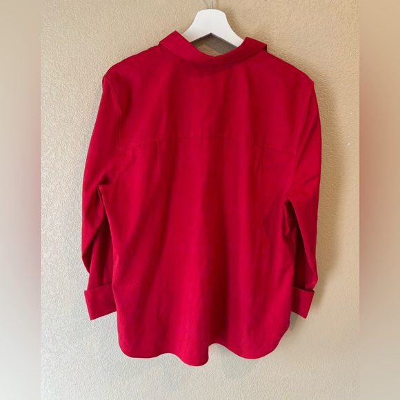 Chico's Bold Red Floral Texture Collared Blouse Size 14 Workwear Spring Cotton - Picture 4 of 6